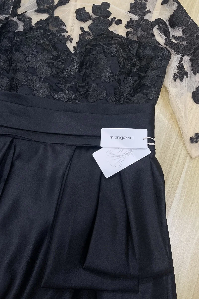 A-Line Evening Gown Split Dress Formal Fall Sweep / Brush Train Half Sleeve Illusion Neck Satin with Lace Applique 2024