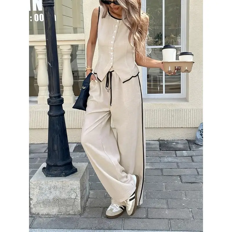 Sommer Damen Farbe Blo Svel Single Button Weste und Kordelzug Hosen Set Faionable Damen Ensemble Lange Hosen