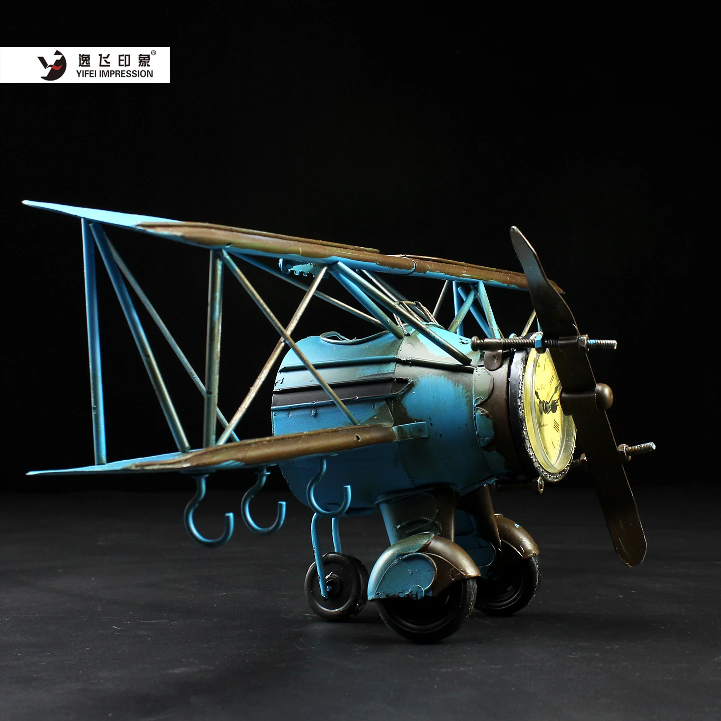 Retro Airplane Wall Clock with Key Hooks Vintage Iron Art Metal Biplane Design Entryway Organizer Decorative Utility Item