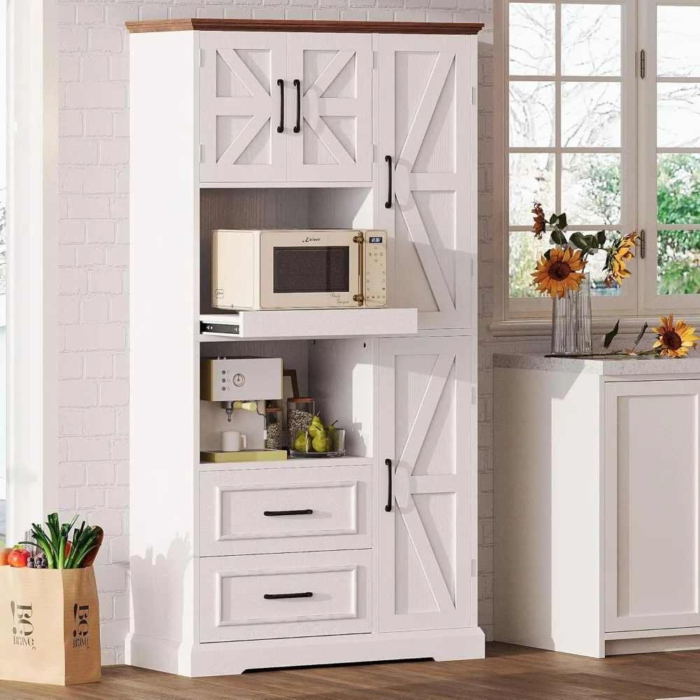 

Farmhouse Kitchen Pantry Cabinet, Kitchen Hutch with Microwave Stand, Tall Food Pantry Cabinet with Storage Drawers and Adjusta