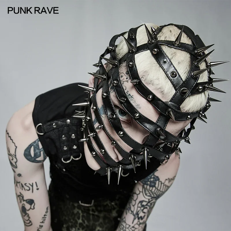 PUNK RAVE Men\'s Punk Pointed Cone Head Cover Strong Visual Impact Gothic Performance Cosplay Costumes Metal Rivet Hats Accessory