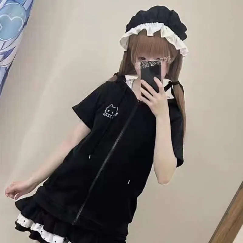 Summer Japanese Preppy Style Women Short Sleeve Zipper Hoodies Black Sweet Y2k Loose Kawaii Cat Ear Dot Hooded Sweatshirts