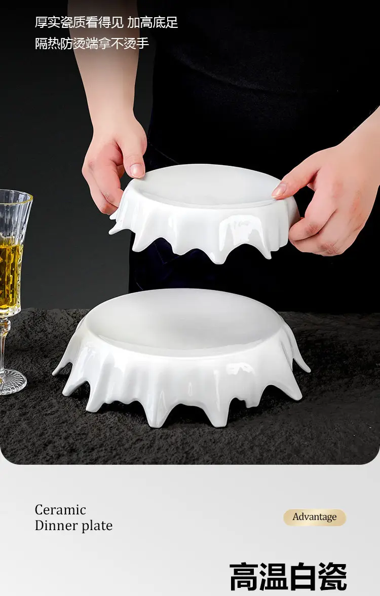 Alien high round table, white molecular cuisine, kitchen utensils, circular arrangement, dessert, sushi plate