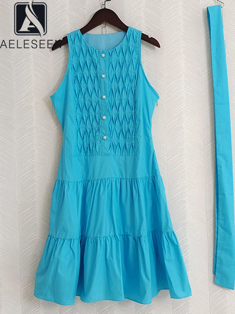 

AELESEEN 2022 Summer Runway Fashion Cotton Dress Women Blue White Yellow Sleeveless Single Breasted Holiday