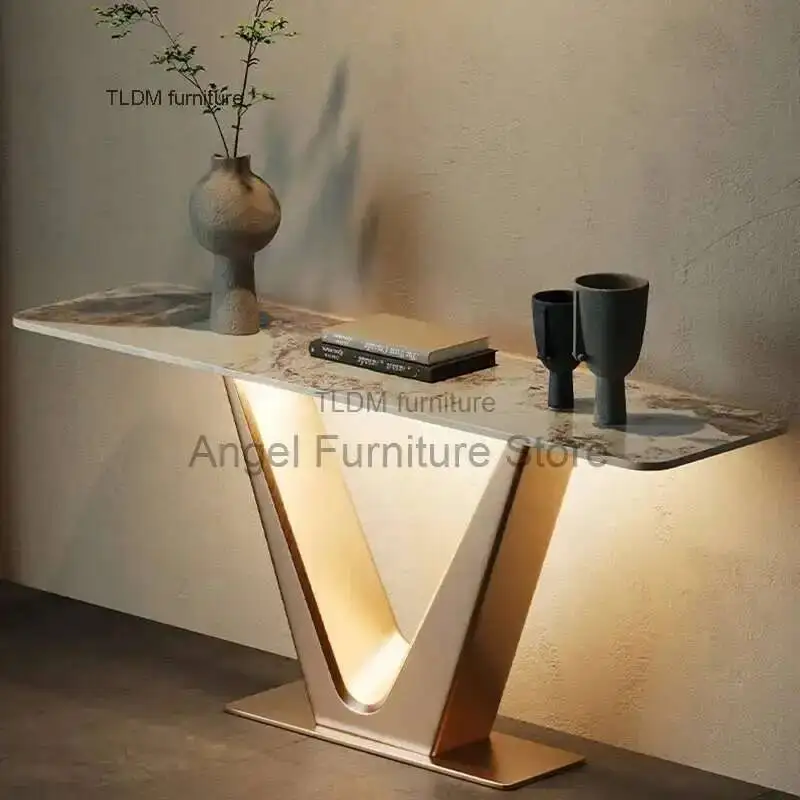 

Home Light Luxury Entrance Console Tables Italian Furniture Living Room Stainless Steel Porch Table with Lamp Modern Slate Table