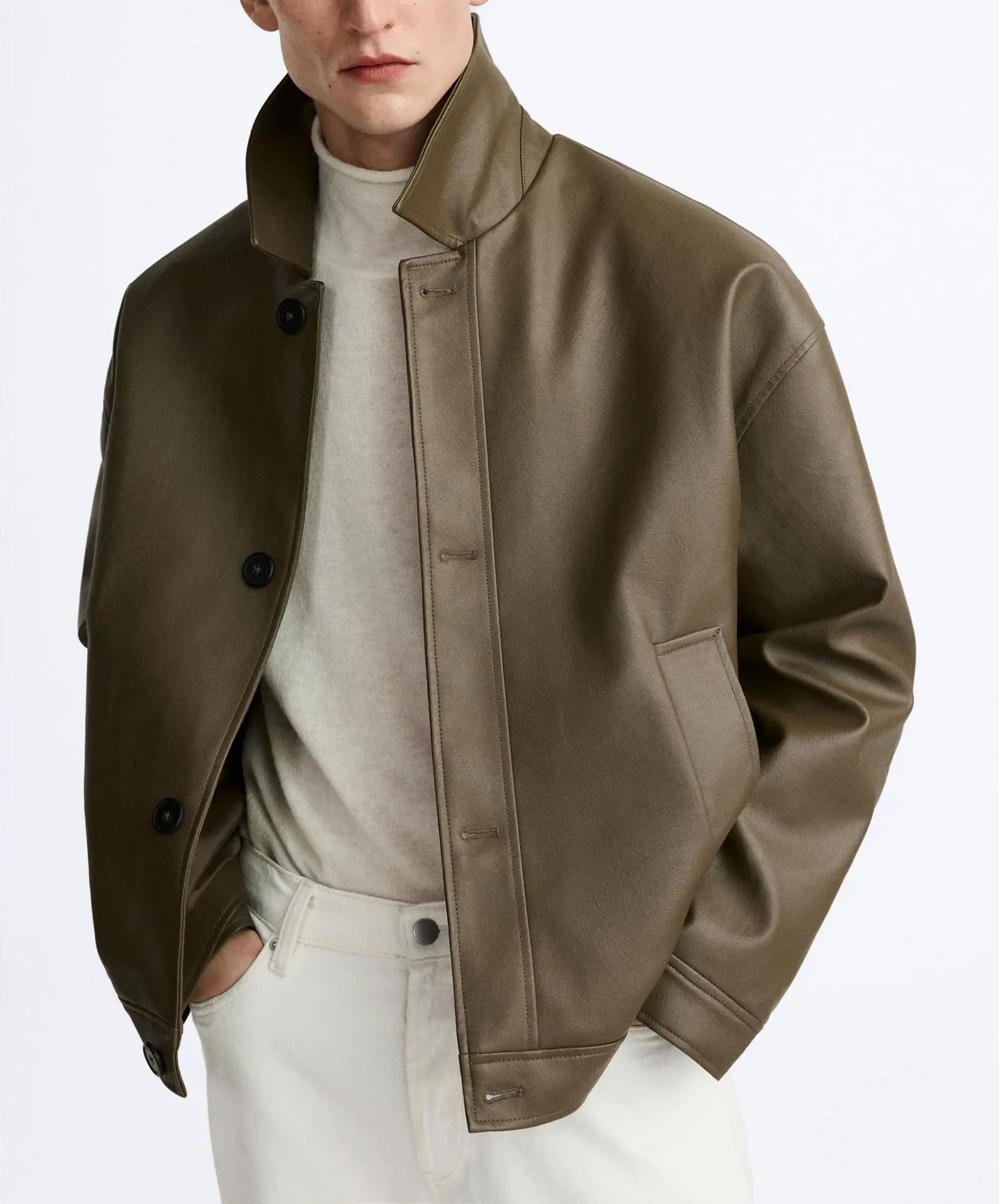 

Men's Spring and Autumn New Fashion Casual Imitation Leather Lapel Jacket, Solid Color Single Breasted Loose PU Leather Jacket
