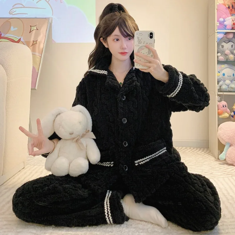 M-6XL Large Size Winter Pajamas Set Women's Soft Plush Coral Fleece Sleepwear Korean Student Sweet Flannel Warm Loungewear Pjs view 4