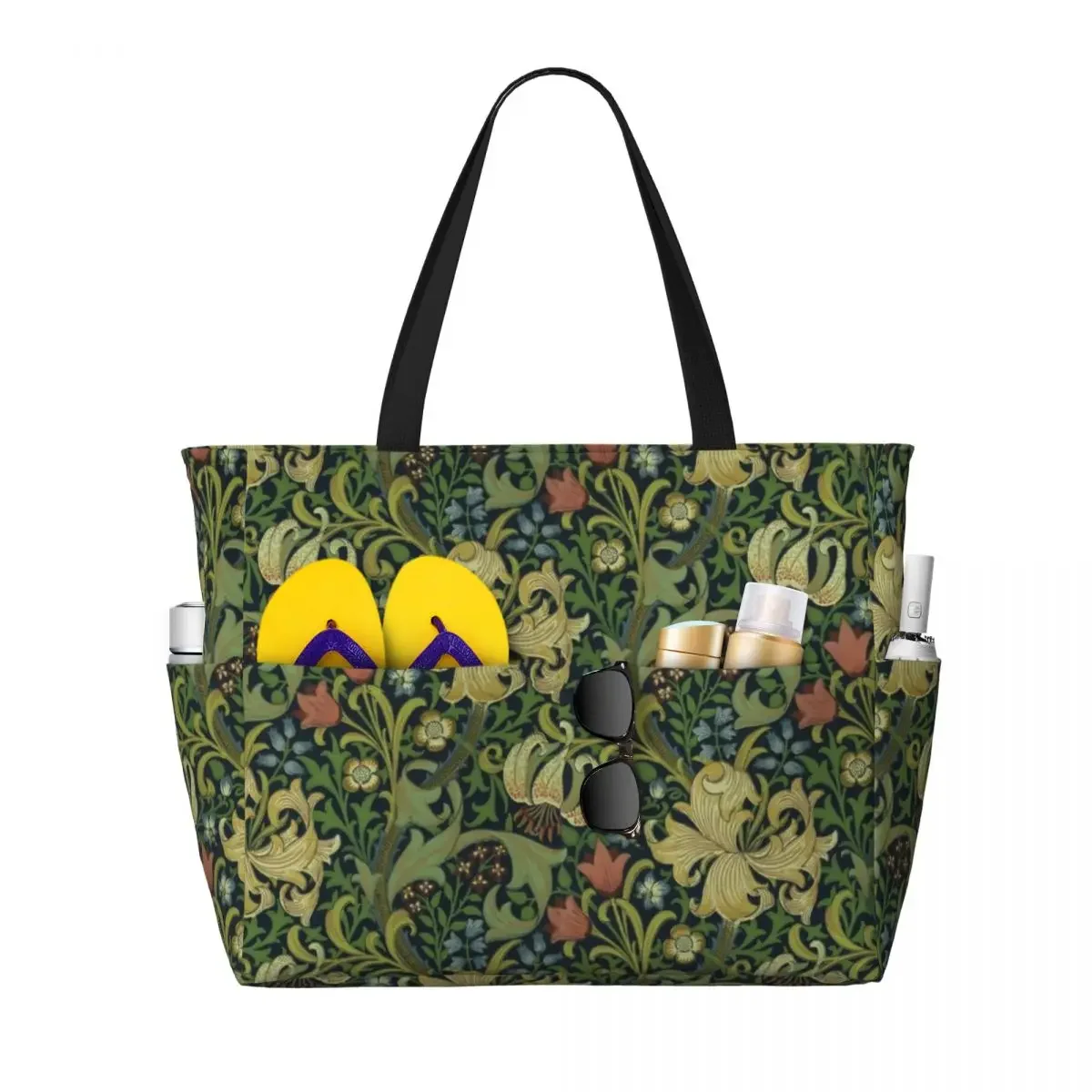 Custom William Morris Company Beach Tote Bag for Women Extra Large Gym Carry On Floral Textile Pattern Travel Shopping Bags