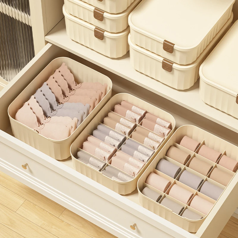 1/10/15 Grid Beige Plastic Underwear Storage Box with Mark Cover Closet Organizer Drawer for Underwear Socks Bra Divider Boxes