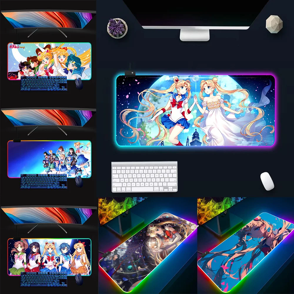 Anime S-Sailor Moons RGB Pc Gamer Keyboard Mouse Pad Mousepad LED Glowing Mouse Mats Rubber Gaming Computer Mausepad