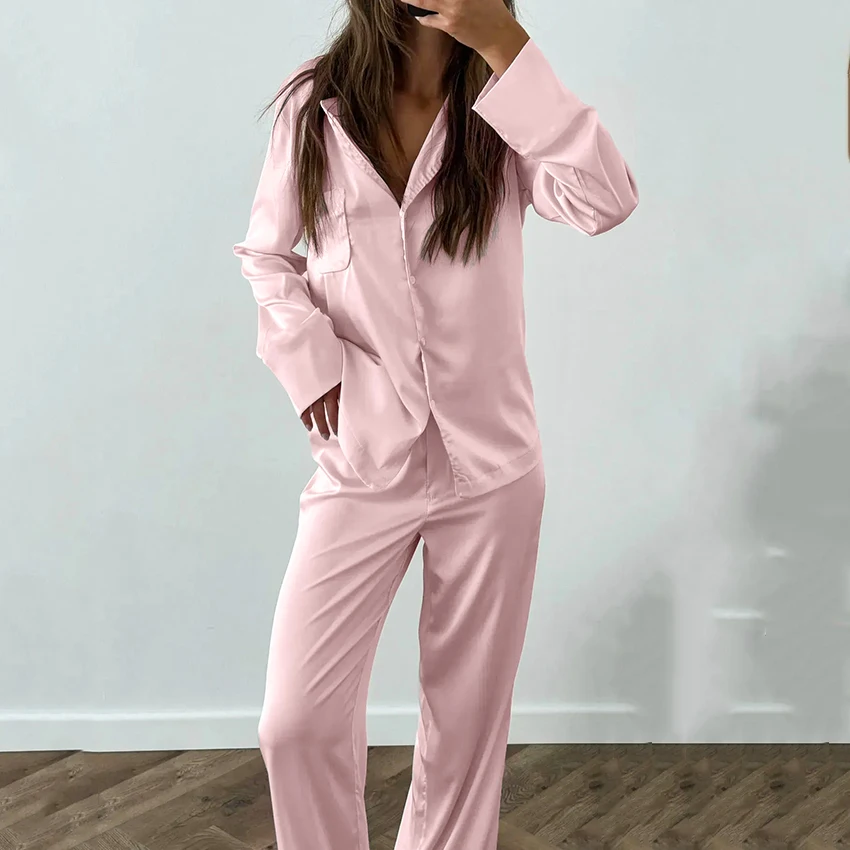 

HiLoc Home Pink Silk Pants Sets Pajamas 2026 Elegant Single Breasted Shirt With Pocket Loose Trousers 2 Piece Sleepwear Women