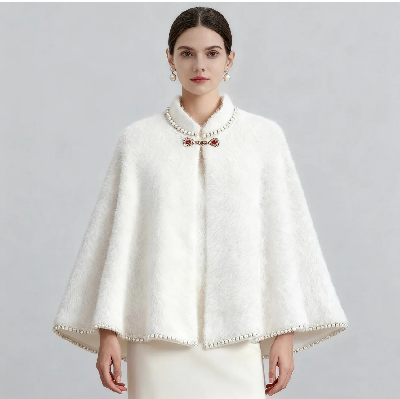 

New Chinese Style Faux Mink Fur Outer Shawl with Nail Bead Buckle Fashionable Short Cape Solid Color Cape for Women