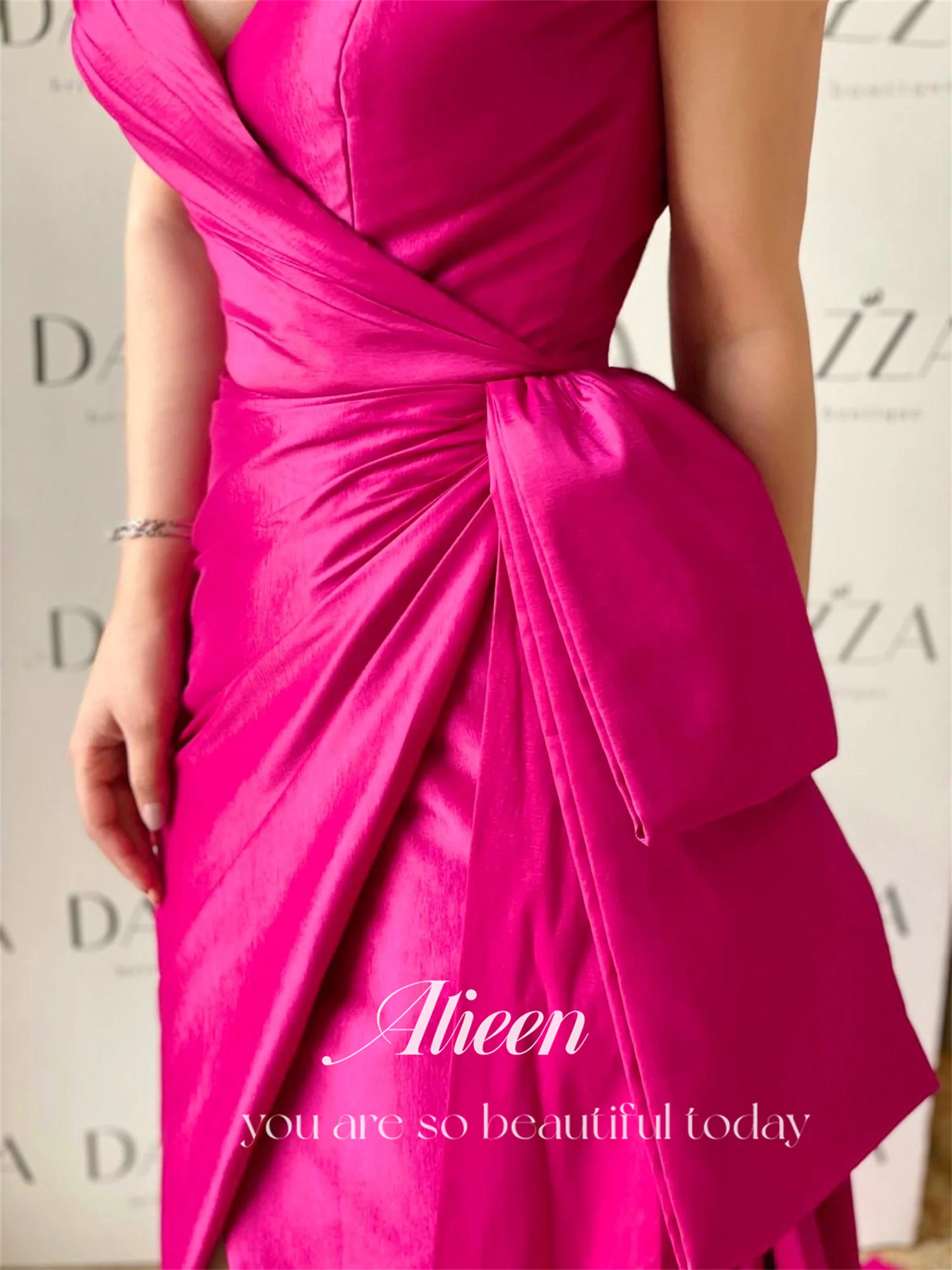 Aileen Long Tail Bow Tie Satin Rose Red Off the Shoulders Elegant Party Dresses for Women Luxury Prom Dress 2024 Evening Gown