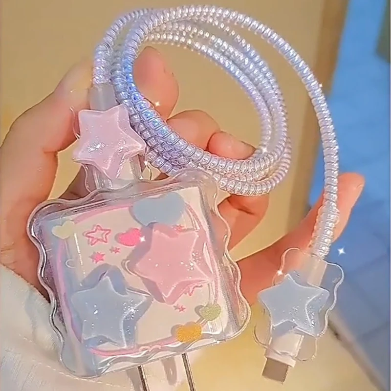 Kawaii Cute 3D Star Love Heart Wave Border Y2K USB Protector Cover for IPhone 18/20W Data Line Head Cord Fast Charging Case