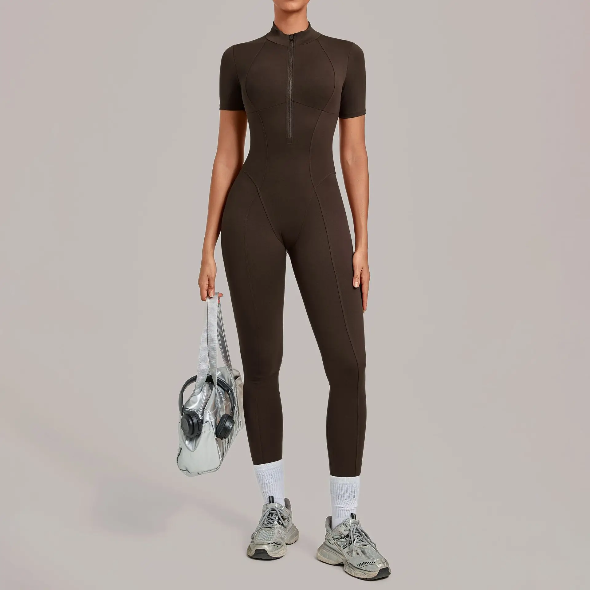 Seamless Zipper Jumpsuit Fitness Set Women's Athleisure Bodysuits High Elastic Plus Size Gym Pilates Yoga Workout Activewear