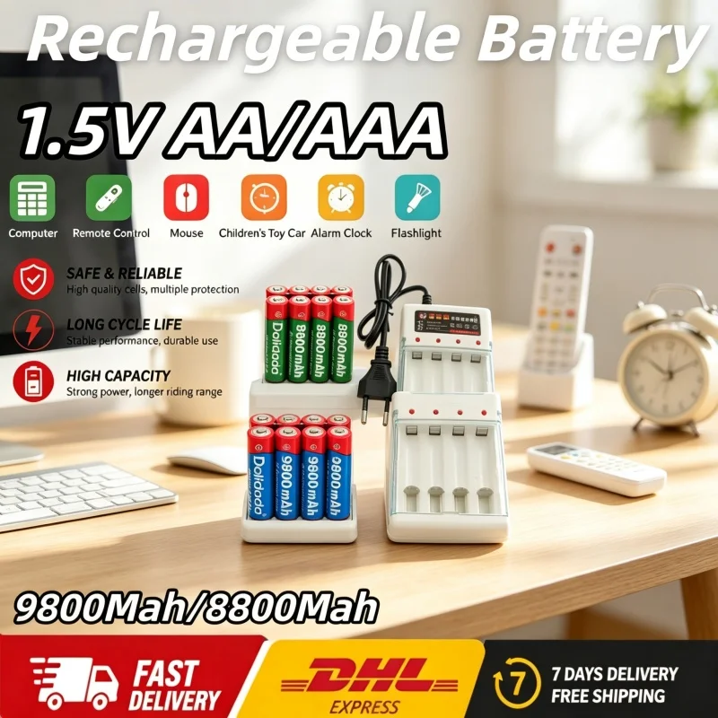 Batteria ricaricabile Dolidada 1,5 V, modello AA da 9800 mAh e modello AAA da 8800 mAh, ideale per giocattoli telecomandati e torce elettriche.