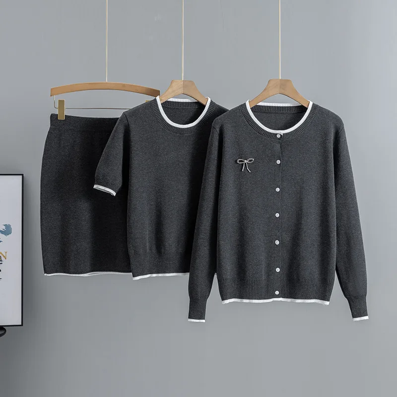 Fashion Suit Women's Spring Summer Autumn New Item Knitted Cardigan Short Sleeved Top+half Body Woolen Skirt Three Piece Set