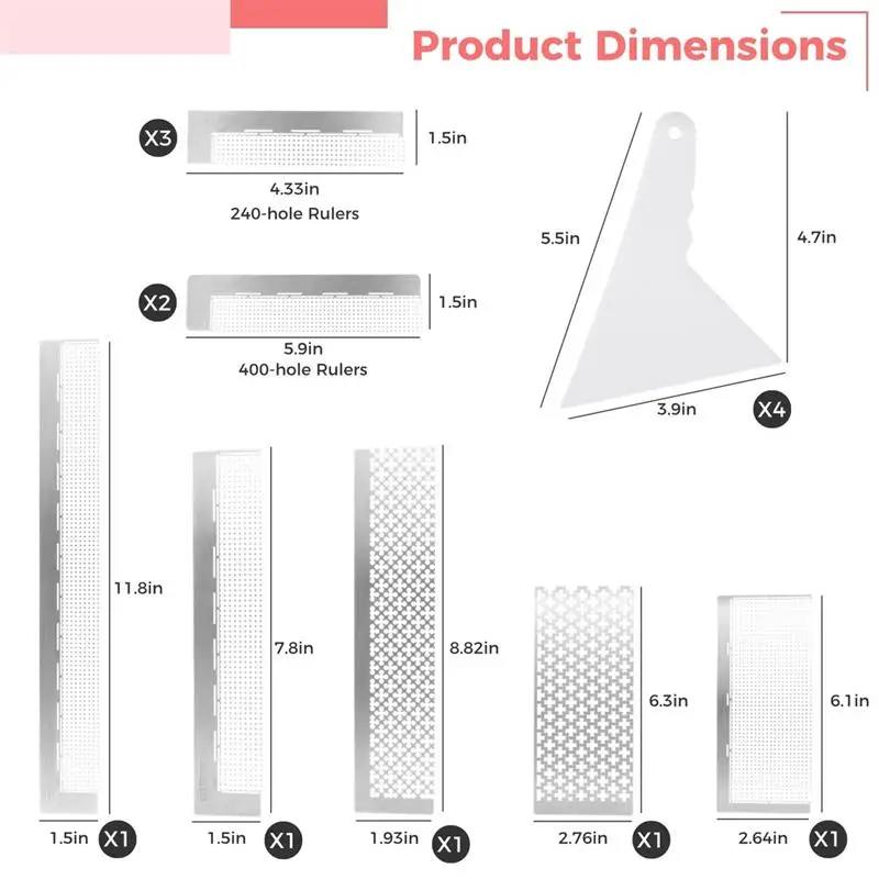 14Pcs Diamond Art Rulers Stainless Steel Mesh Ruler Diamond Ruler Art Fixing Tools For Rhinestone Painting Round Square Drill