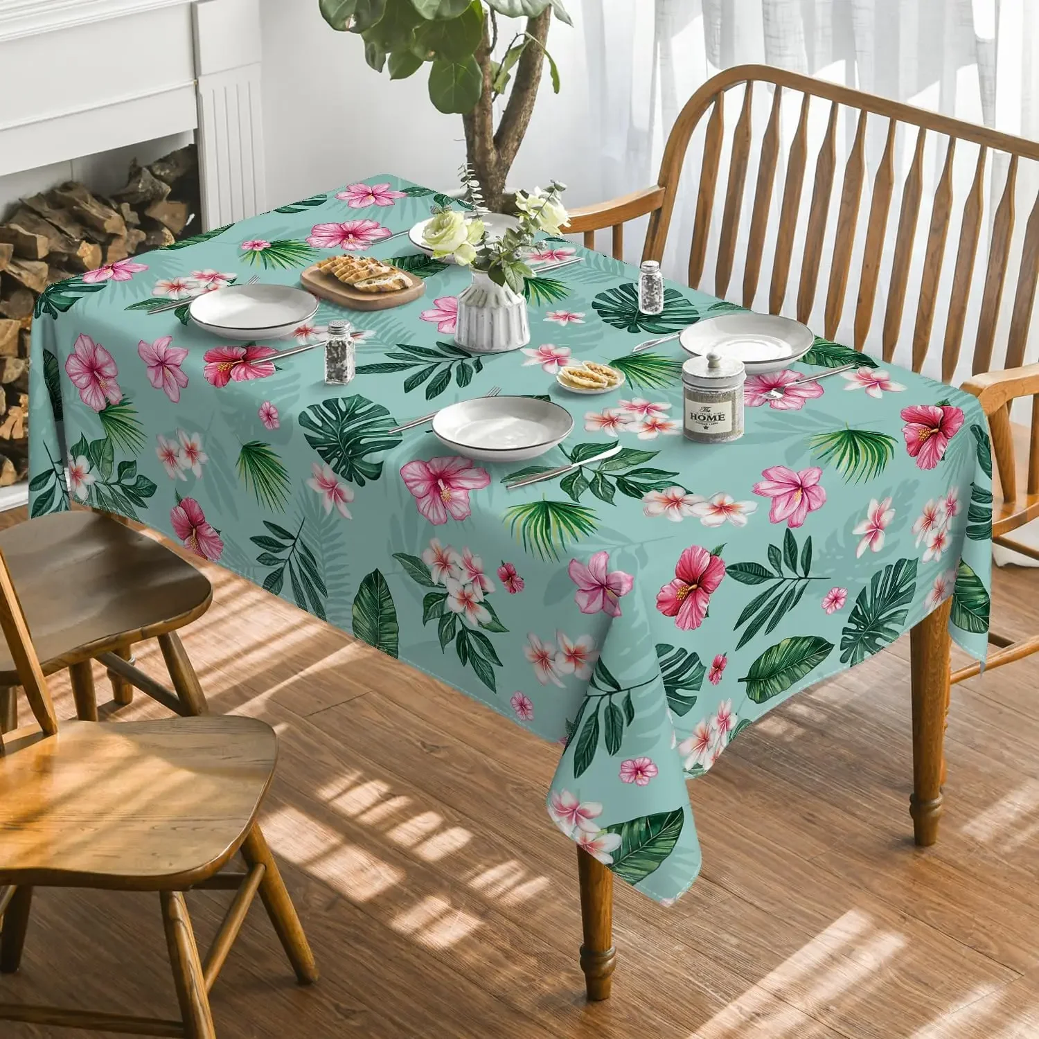 1pc Tropical Floral Tablecloth Light Blue Hibiscus Leaf Print Table Cover For Dining Kitchen Party Decor Dustproof Rectangular