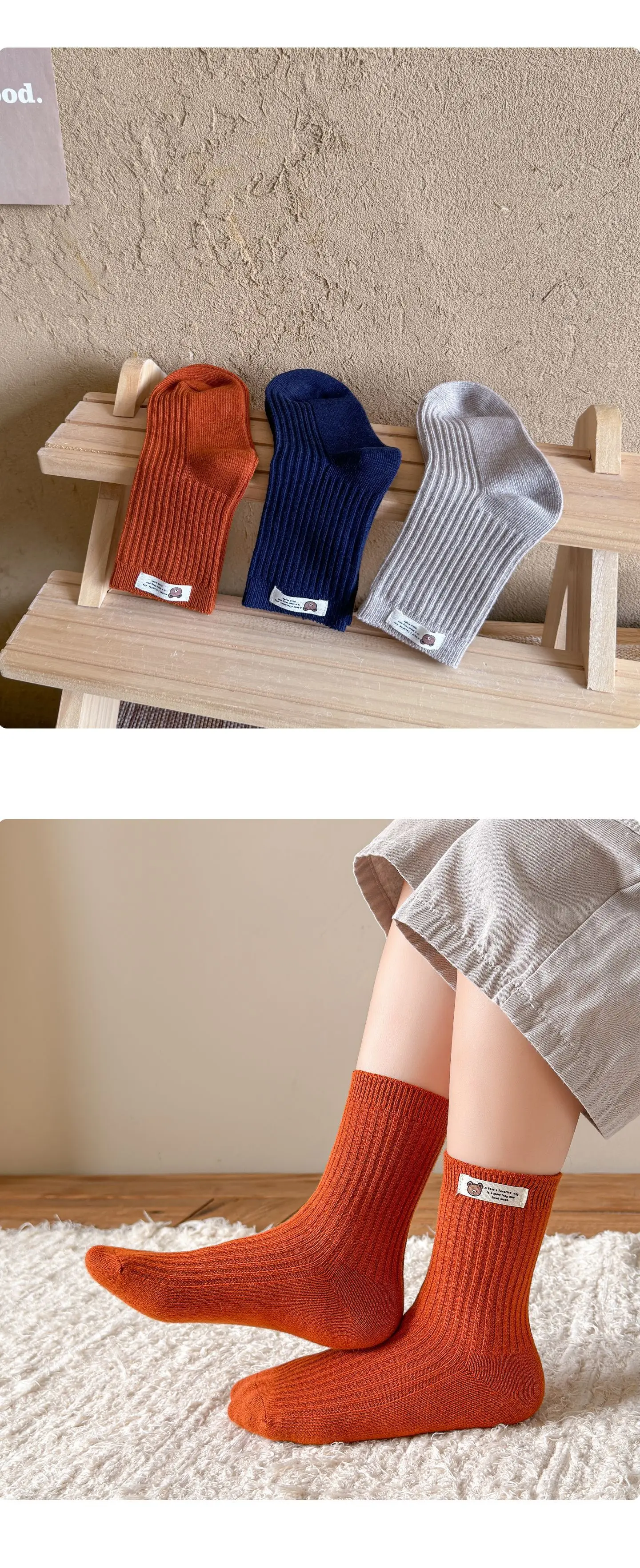 3 Paar Kindersocken mit niedlichem Bären-Stoffetikett, weiche, elastische Baumwollsocken, Unisex-Kleinkindsocken für Jungen und Mädchen – Detail 5