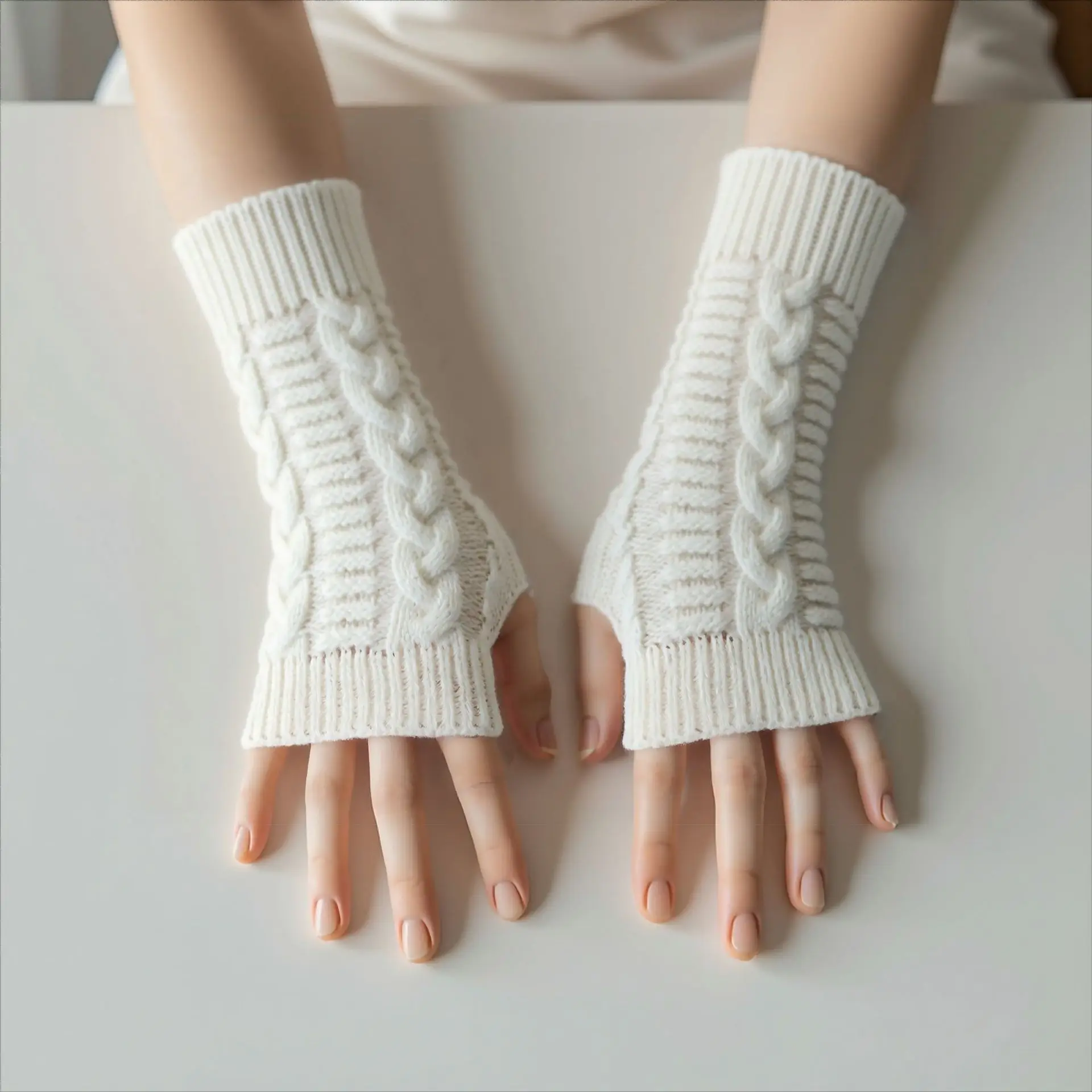 قفازات قصيرة محبوكة للخريف/الشتاء بسيطة، معصم دافئ مفتوح الأصابع وأكمام للذراع للرجال والنساء