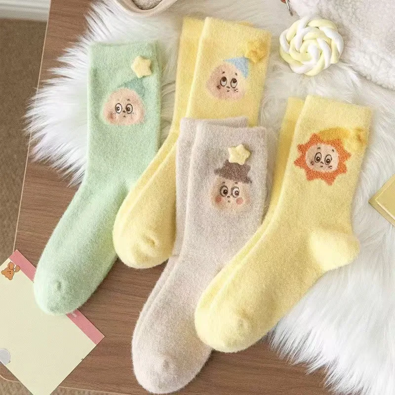 3 pairs random of women's cute plush autumn and winter thickened cloud star tube socks