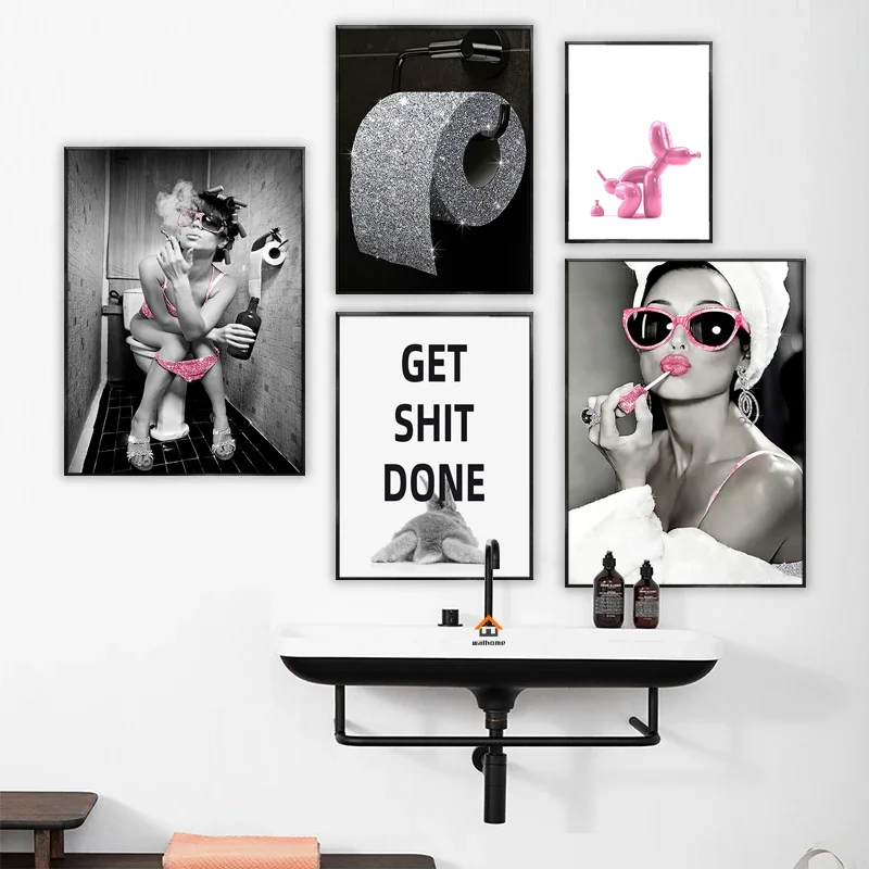 Fashion Luxury Bling Woman Poster Prints Wall Art Pictures Sexy Pink Make Up Lady Canvas Paintings For Bathroom Toilet Decor