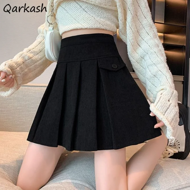 Baggy Skirts Women Mini Pleated Pure Design Korean Fashion Юбка Женская Chic High Waisted Corduroy Minimalist Girlish Temper Ins