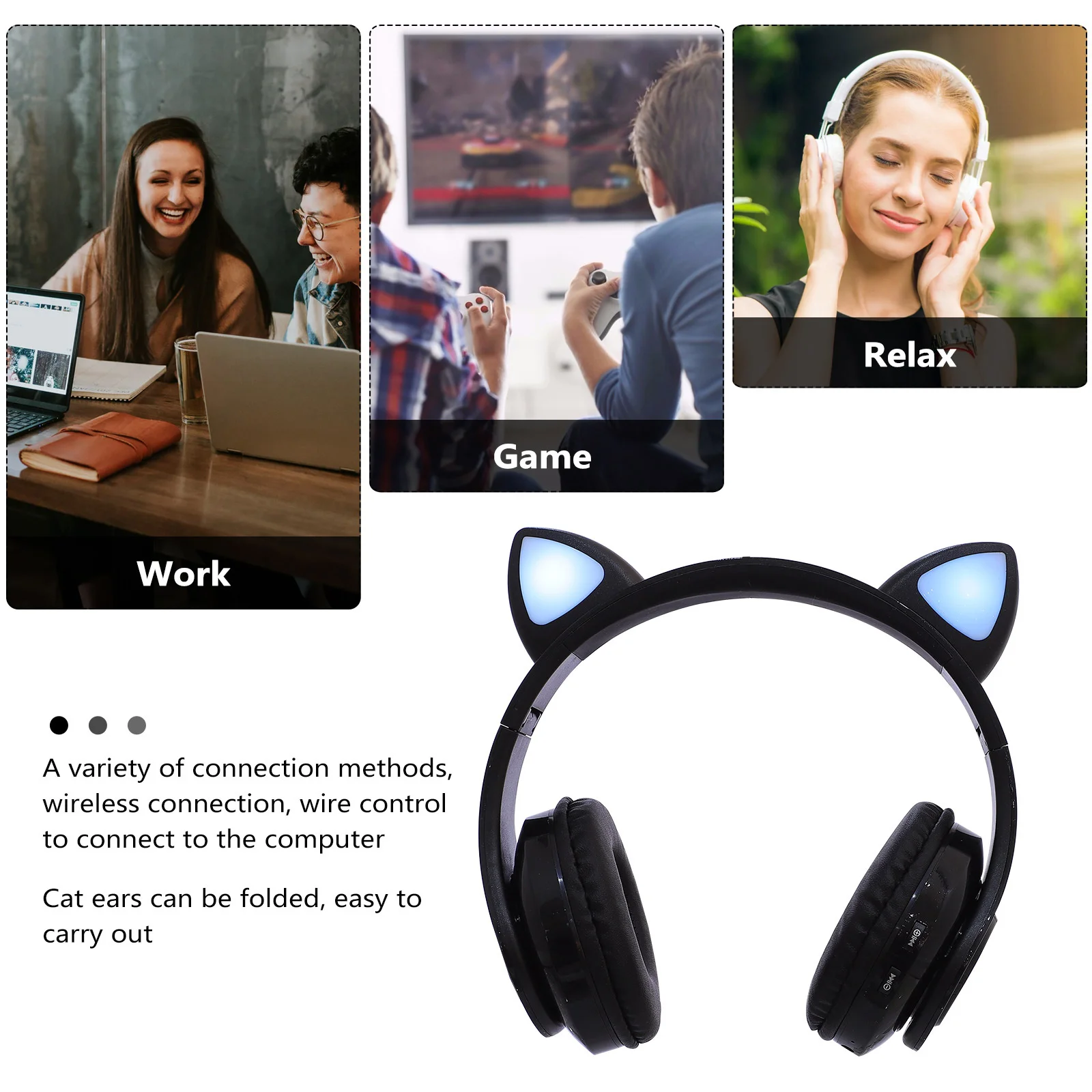 

Cat Ear Headphones Foldable Wireless Gaming Headset Led Light Stereo Sound For Phone Laptop Pc Over Ear Headphone