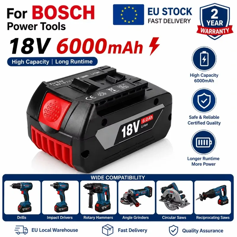 Disponibile in magazzino nell'UE: batteria Bosch 18V 6.0Ah 8.0Ah BAT609 BAT618 GBA18V80, batteria di ricambio agli ioni di litio per utensili elettrici.