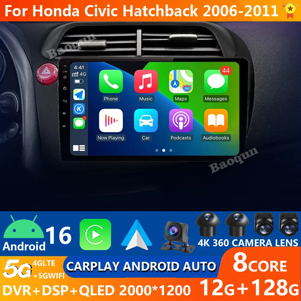 Android 16 carplay rádio do carro estéreo para honda civic hatchback 2006 - 2011 multimidia player de vídeo 2 din dvd unidade principal estéreo