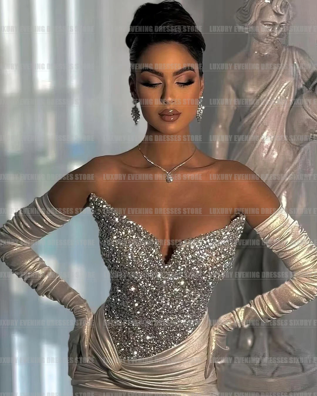 Luxury Woman's Sequined Evening Dresses Mermaid V Neck Sexy Smooth Satin Sleeveless Prom Gowns Formal 2024 Gloveless فساتين سهرة