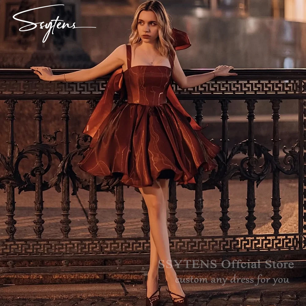 

SSYTENS Sexy Burgundy Satin Prom Dresses Strapless Bow Satraps Short Birthday Dress Woman Lace Up Back Customized платье