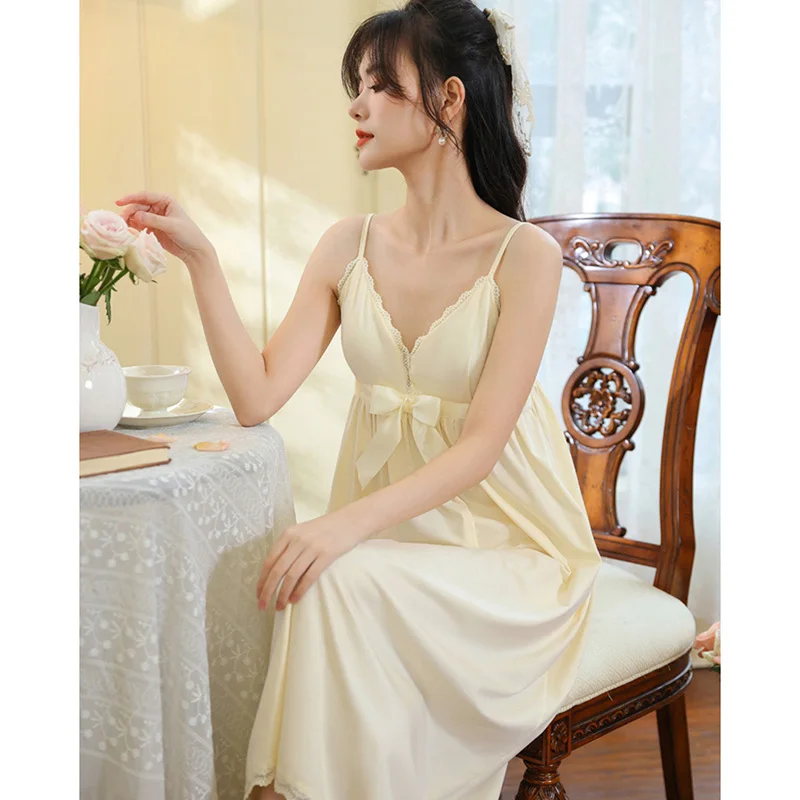 

Strap Sleepwear for Women Summer Cotton Sexy Long Princess French Nightgowns with Chest Mat Home Outfit Dress