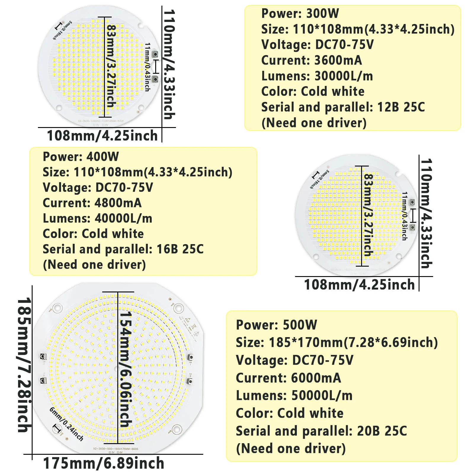 High Lumen LED Lamp Beads 300W 400W 500W 600W 800W 1000W Aluminum Substrate DC70-75V Cold White For Tower Chandelier Accessories