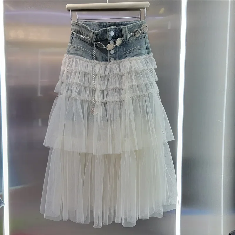2025 women's patchwork mesh denim skirt medium and long summer versatile slim-fitting high-waisted A-shaped hip skirt