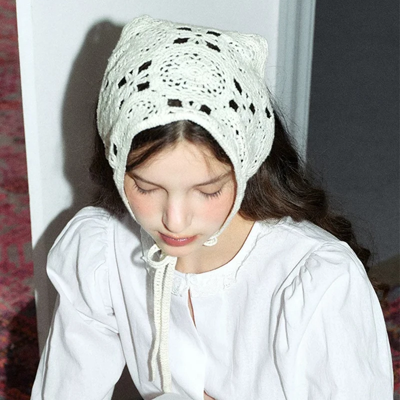 Breathable Cotton Hollow Out Triangle Turban Women Lightweight French Pastoral Style Head Wrap Scarf Beige Daily Versatile Hair