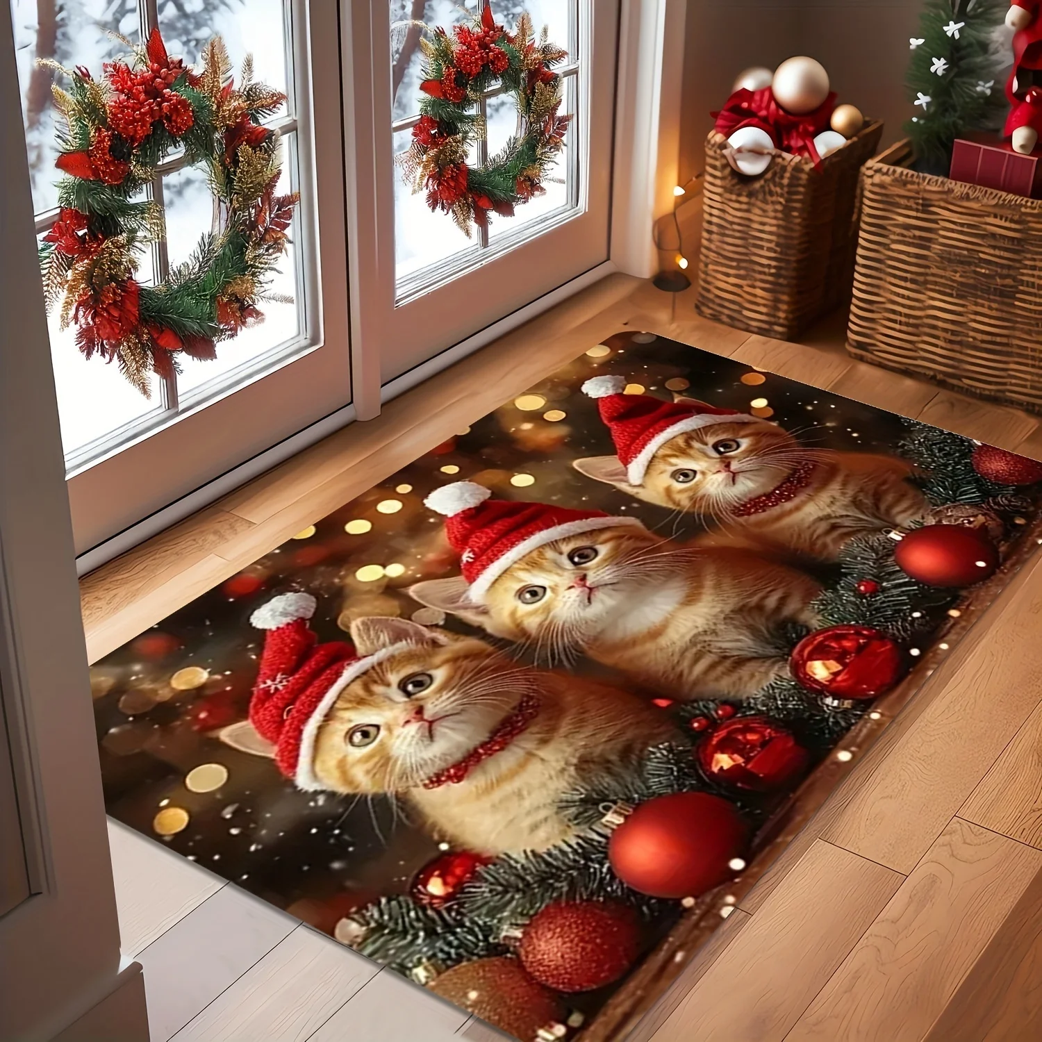 B14LYX Christmas Doormat Gnome Tomte Wood Grain Snow Tree Welcome Mat Winter Holiday Rug Decor