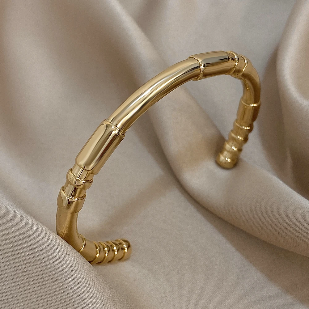 

New Bamboo Smooth Stainless Steel Open Cuff Bangle Bracelet for Women Men Fashion Waterproof Stackable Statement Jewelry Gifts