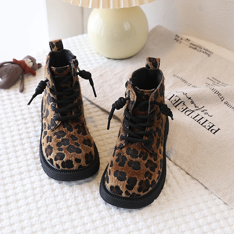 Kids Leopard Print Boots, Children Retro Sweet Cool Ankle Boots with Side Zipper, Non-Slip Thick Sole Fleece Lined Winter Boots