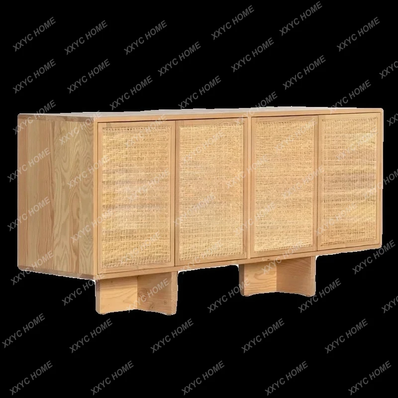 

A American solid wood dining side cabinet natural rattan multi-functional tea cabinet living room log color door cabinet
