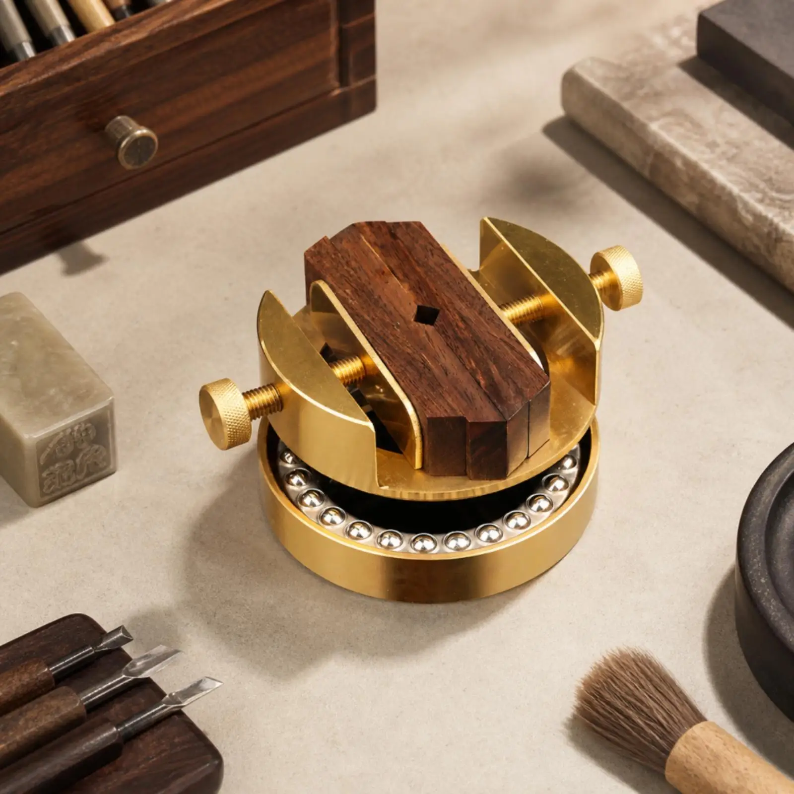 Rotary Seal Carving Vise Ebony Wood Brass Base 360 Degree Swivel Clamp Holder for Studio Crafting