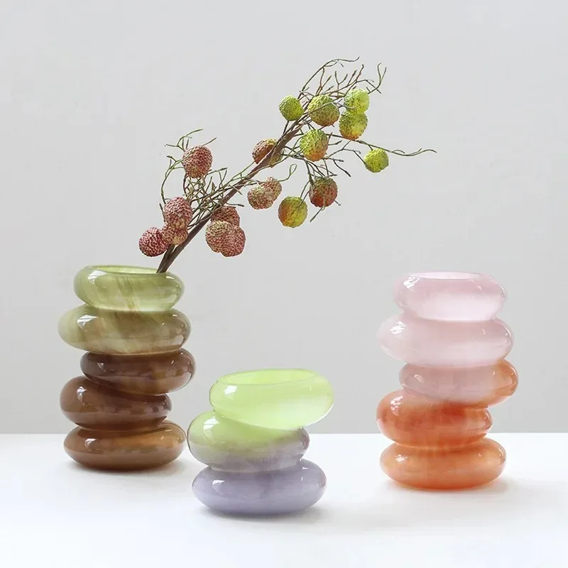Glass Vase Geometric Pebble Stack Color Gradient Flower Vase Caterpillar Floral Arrangement Home Decoration Accessories