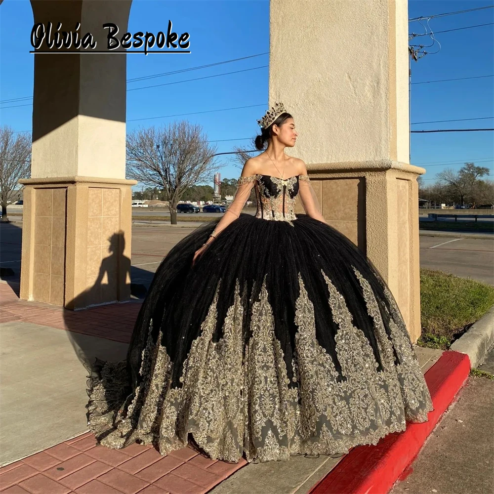 Exquisite Black Ball Gown Quinceanera Dresses Three Quarter Sleeves Gold Appliques Corset vestidos de 15 años quinceañeras 2024