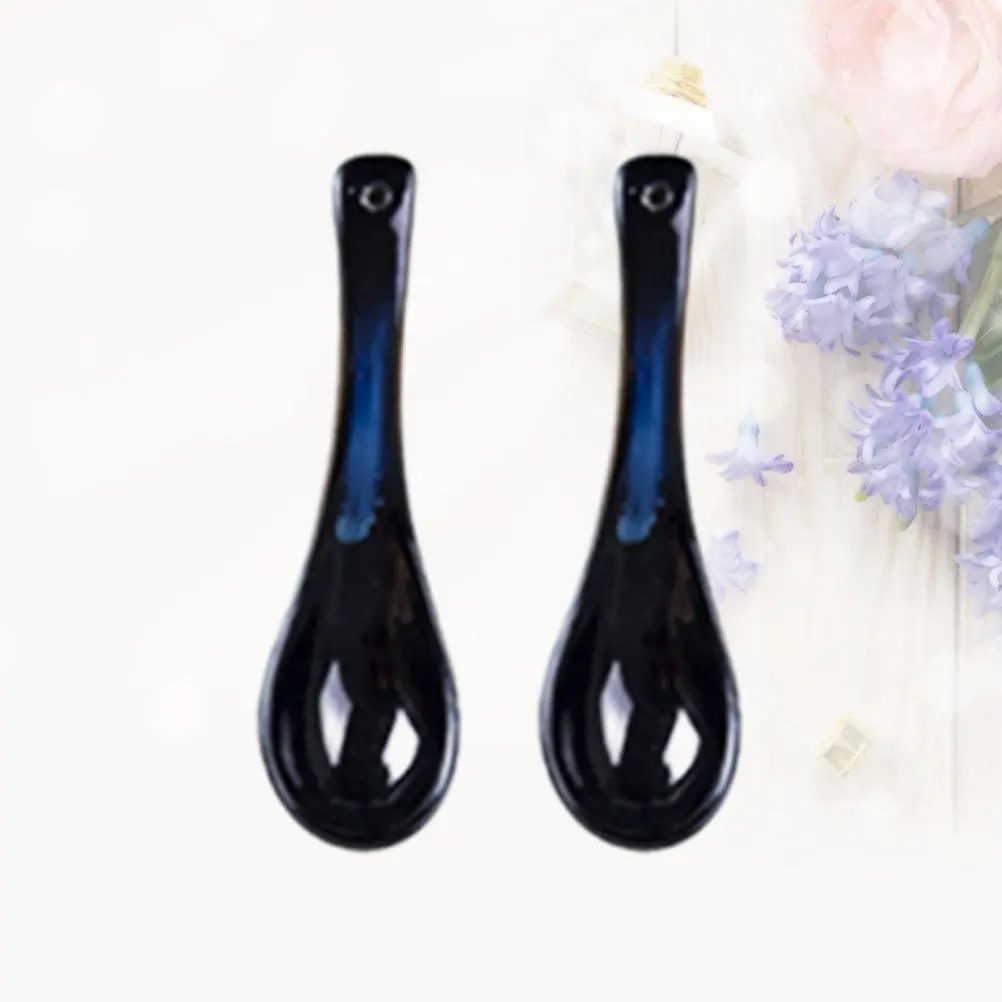 

2Pcs Ceramic Tableware Elegant Soup Spoon Set for Ramen Udon Tong Sui Cereal Appetizer Ice Cream Serving Blue Ceramic Spoon