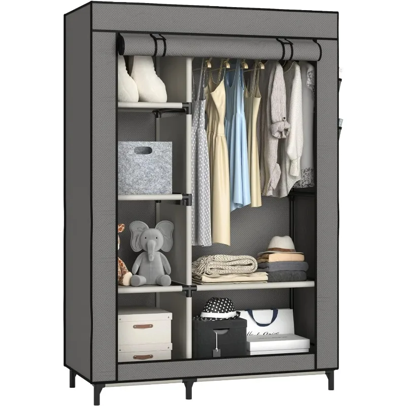 Canvas Wardrobe Portable Closet Wardrobe Clothes Storage with 6 Shelves and Hanging Rail,Non-Woven Fabric,Quick and EasyAssembly