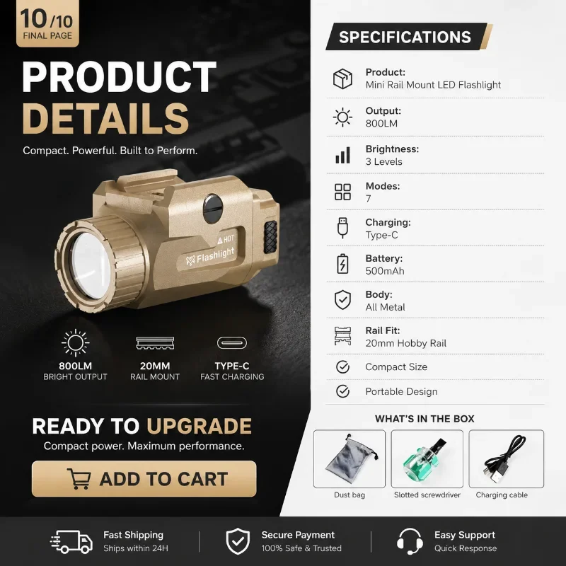 Mini All Metal Rail Flashlight 3 Dimming 7 Strobe Modes 500mAh Built-in Battery USB-C Cord Storage Bag Hobby Toy