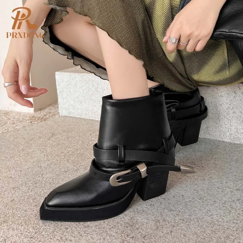 PRXDONG New Brand scarpe da donna in vera pelle 2024 autunno inverno stivaletti caldi piattaforma con tacco alto grosso nero Punk Casual