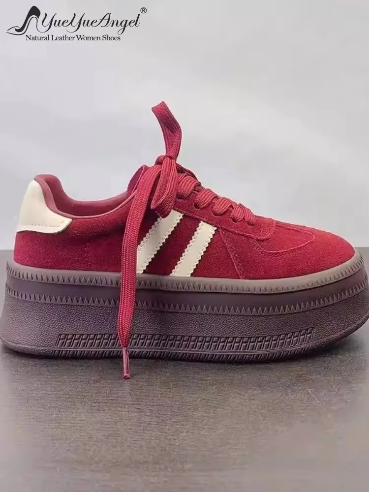 

Women Vintage Genuine Leather Casual Shoes Spring Autumn Breathable High Street Lace Up Round Toe Thick Platform Pumps Female