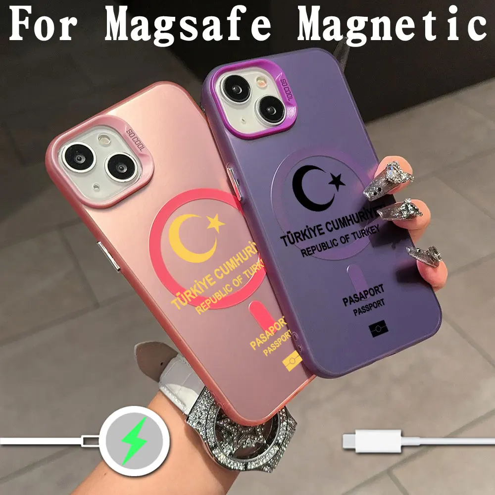 Turkey Passport Magsafe Magnetic Phone Case for IPhone 11 12 13 14 15 16 Pro Max Plus Creative Border Silver Plated Cover image 4